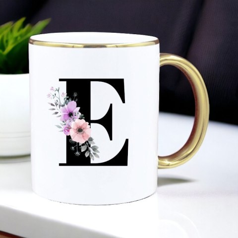 Kubek premium z nadrukiem dowolna litera prezent piękny biało-złoty