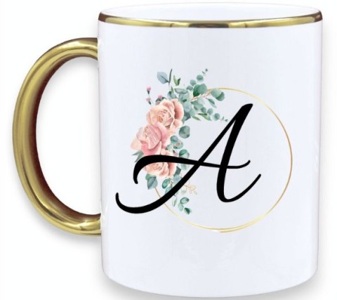 Kubek premium z nadrukiem dowolna litera prezent piękny biało-złoty