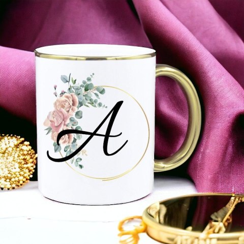 Kubek premium z nadrukiem dowolna litera prezent piękny biało-złoty