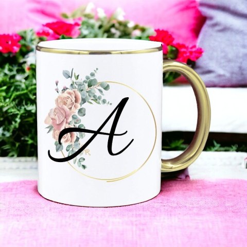 Kubek premium z nadrukiem dowolna litera prezent piękny biało-złoty