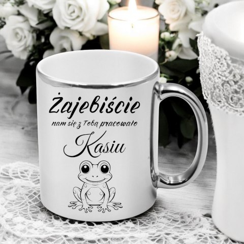 Kubek srebrny prezent na pożegnanie koleżanki kolegi z pracy z imieniem
