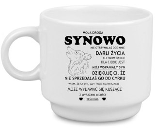 FILIŻANKA Z DEDYKACJĄ DLA SYNOWEJ URODZINY IMIENINY ŚMIESZNY PREZENT 250ml