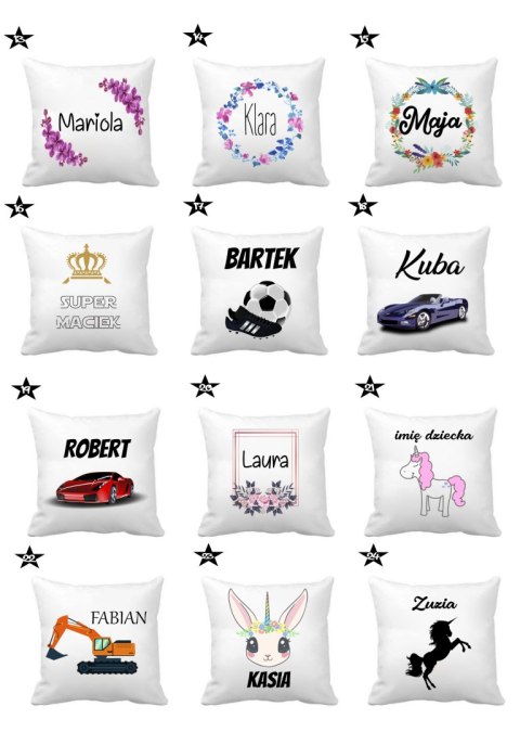 Poduszka z imieniem dziecka dla chłopca dziewczynki do przedszkola wzory