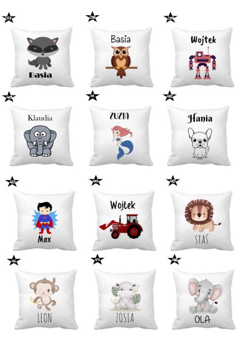 Poduszka z imieniem dziecka dla chłopca dziewczynki do przedszkola wzory