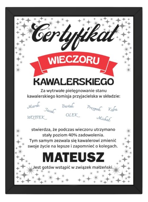 Ramka certyfikat prezent dla pana młodego wieczór kawalerski podpisy 21x30