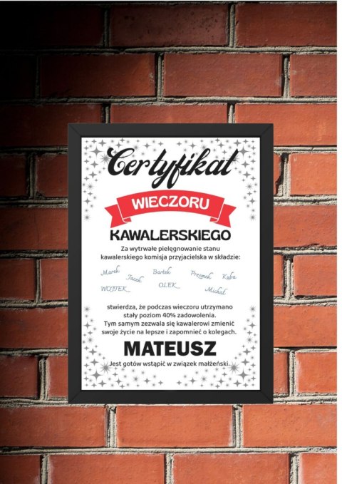 Ramka certyfikat prezent dla pana młodego wieczór kawalerski podpisy 21x30