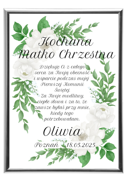 Podziękowanie Ramka Prezent dla Matki Chrzestnej na Komunię w ramce srebro Podziękowanie Ramka Prezent dla Matki Chrzestnej na Komunię w ramce srebro