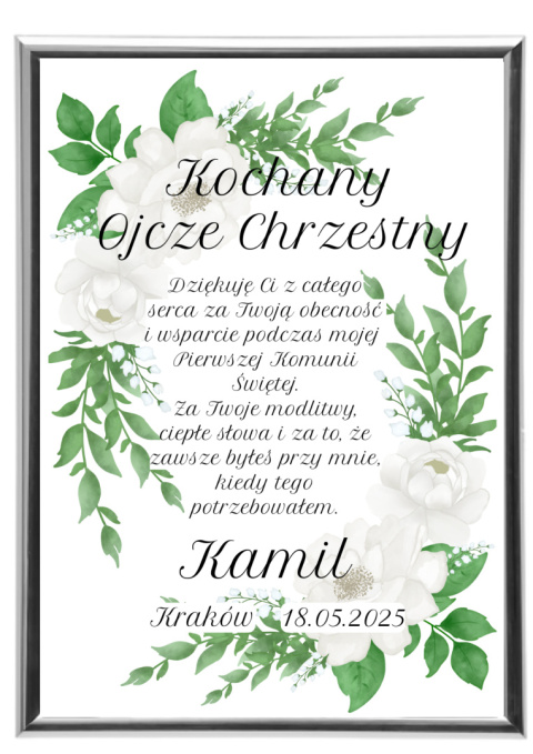 Podziękowanie Ramka Prezent dla Ojca Chrzestnego na Komunię w ramce srebro