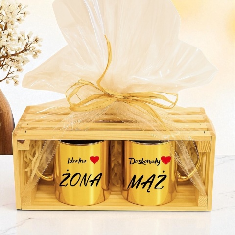 Prezent ślubny zestaw kubków żona i mąż w skrzynce śmieszny komplet kubki