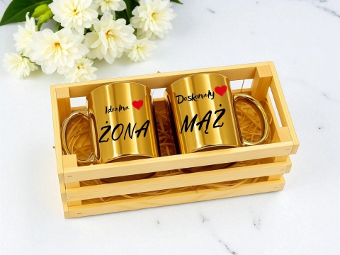 Prezent ślubny zestaw kubków żona i mąż w skrzynce śmieszny komplet kubki