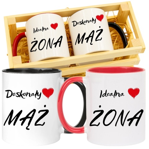 Prezent ślubny zestaw kubków żona i mąż w skrzynce śmieszny komplet kubki