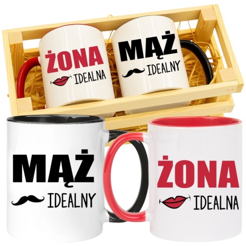 Prezent ślubny zestaw kubków żona i mąż w skrzynce śmieszny komplet kubki