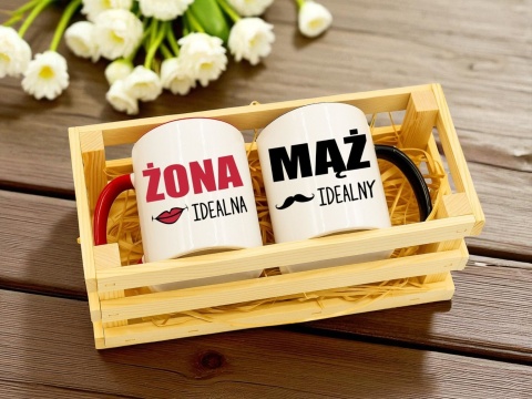 Prezent ślubny zestaw kubków żona i mąż w skrzynce śmieszny komplet kubki