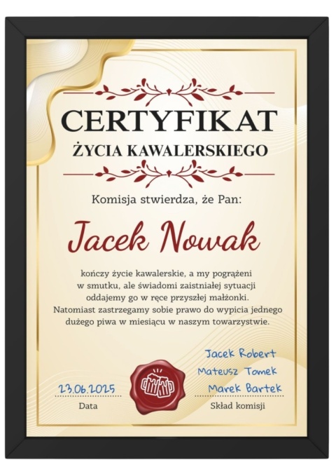 Ramka certyfikat prezent dla pana młodego wieczór kawalerski podpisy