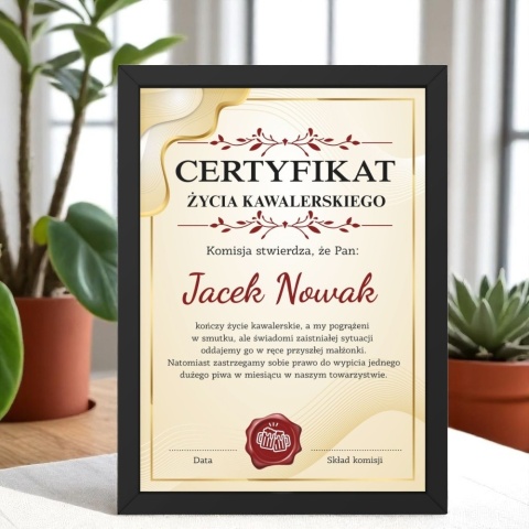 Ramka certyfikat prezent dla pana młodego wieczór kawalerski podpisy