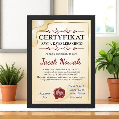 Ramka certyfikat prezent dla pana młodego wieczór kawalerski podpisy