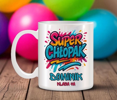 Kubek prezent Dzień CHŁOPAKA dla kolegi z klasy z IMIENIEM + kartonik