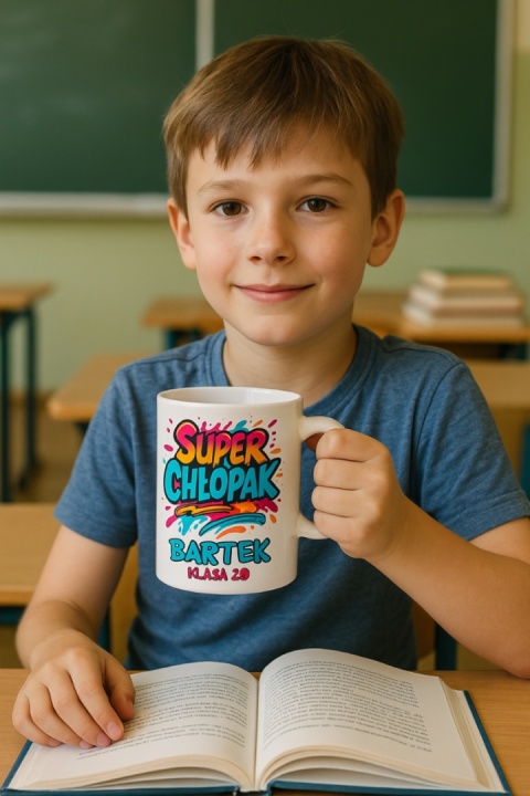 Kubek prezent Dzień CHŁOPAKA dla kolegi z klasy z IMIENIEM + kartonik
