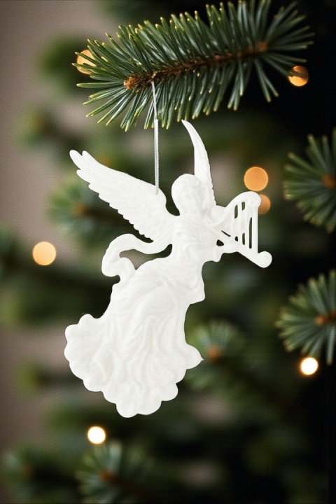 Dekoracja choinkowa zawieszka bombka akryl 12cm ANIOŁ brokatowy biały