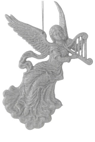 Dekoracja choinkowa zawieszka bombka akryl 12cm ANIOŁ brokatowy srebrny