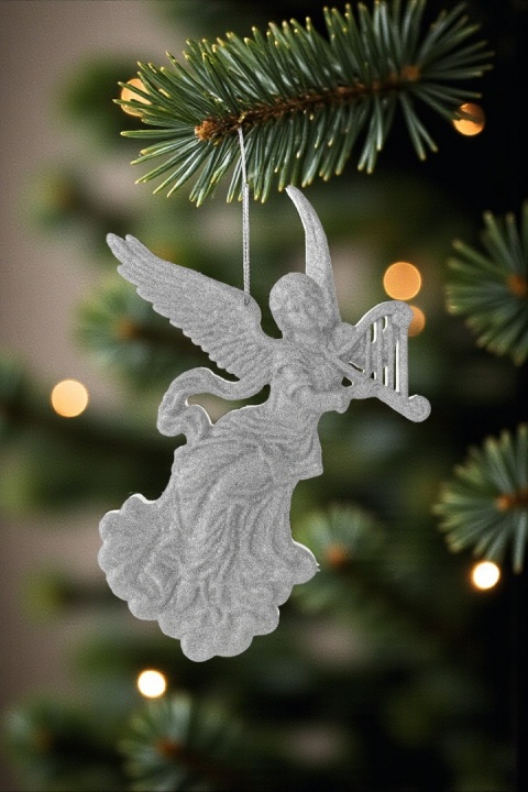 Dekoracja choinkowa zawieszka bombka akryl 12cm ANIOŁ brokatowy srebrny