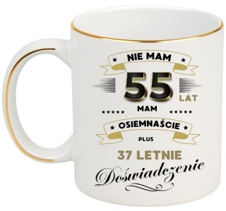 KUBEK PREMIUM NA 55 URODZINY BIAŁO-ZŁOTY ŚMIESZNY PREZENT