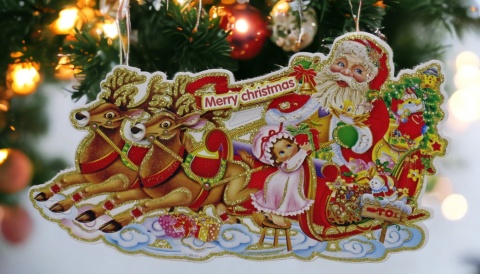 Ozdobna zawieszka świąteczna dekoracja MIKOŁAJ z reniferami 36x23cm