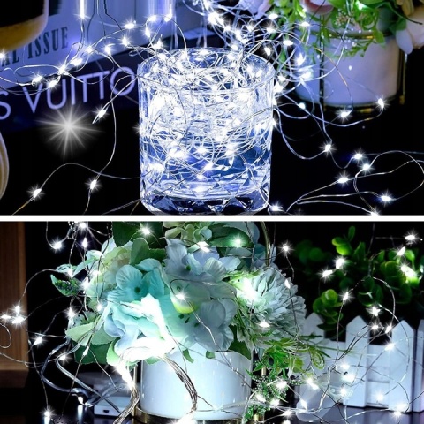 Lampki choinkowe druciki dekoracja 100 LED 10m na baterie biały zimny