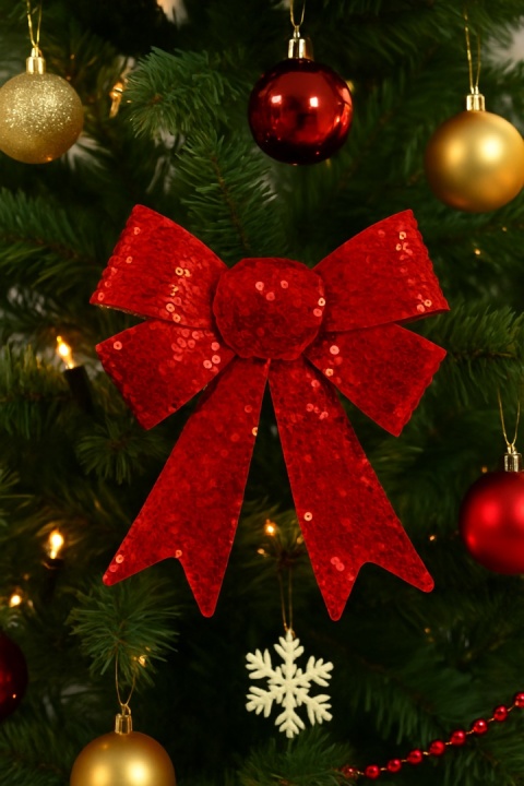 Piękna Dekoracyjna Kokarda Kokardka czerwona cekiny cekinowa 21x18cm