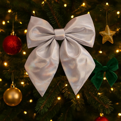 Piękna Dekoracyjna Kokarda Kokardka ozdoba świąteczna srebrna 25x23cm