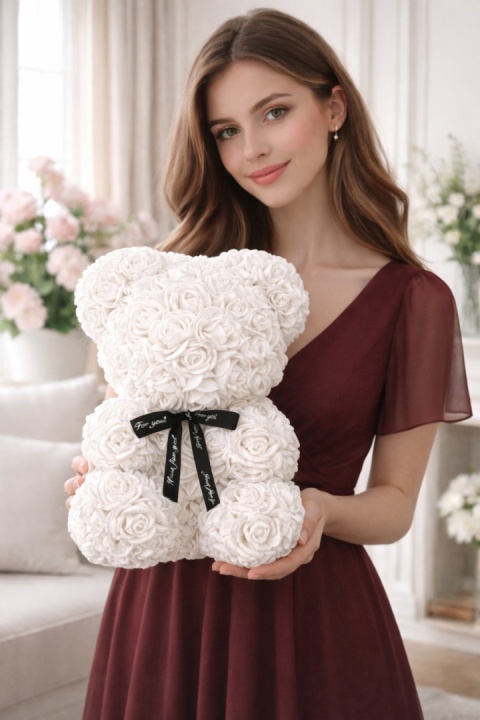 Duży Miś z róż 40cm prezent na Walentynki Dzień Kobiet Urodziny biały