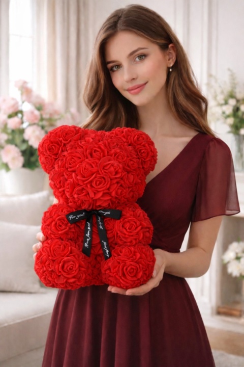 Duży Miś z róż 40cm prezent na Walentynki Dzień Kobiet Urodziny czerwony