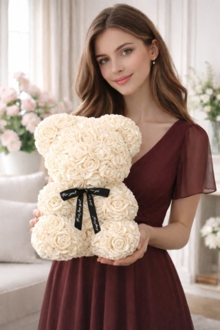 Duży Miś z róż 40cm prezent na Walentynki Dzień Kobiet Urodziny ecru
