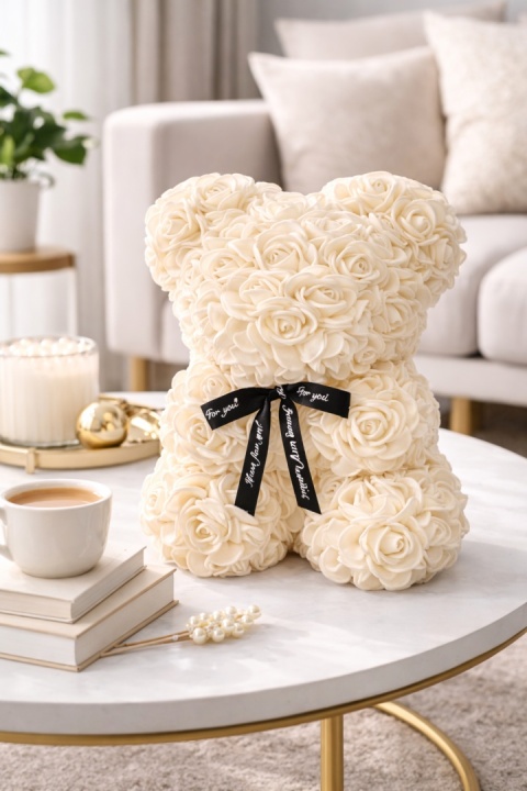 Duży Miś z róż 40cm prezent na Walentynki Dzień Kobiet Urodziny ecru