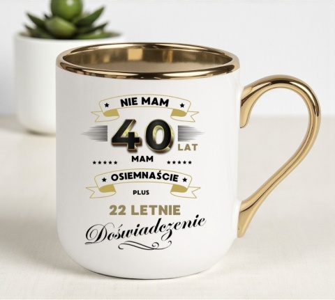 KUBEK BIAŁO-ZŁOTY Z TWOIM NADRUKIEM TEKSTEM GRAFIKĄ LOGO PREZENT REKLAMA