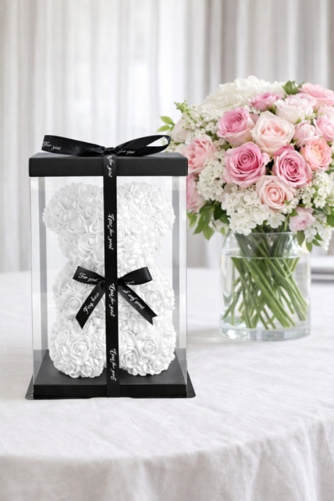 Miś z róż 25cm prezent na Walentynki Dzień Kobiet Urodziny biały