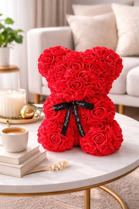 Miś z róż 25cm prezent na Walentynki Dzień Kobiet Urodziny czerwony