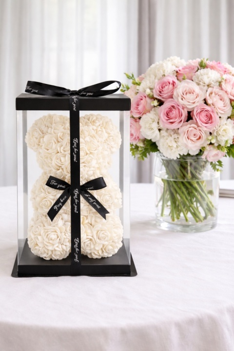 Miś z róż 25cm prezent na Walentynki Dzień Kobiet Urodziny ecru