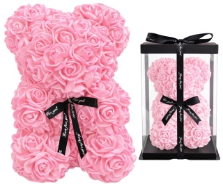 Miś z róż 25cm prezent na Walentynki Dzień Kobiet Urodziny różowy