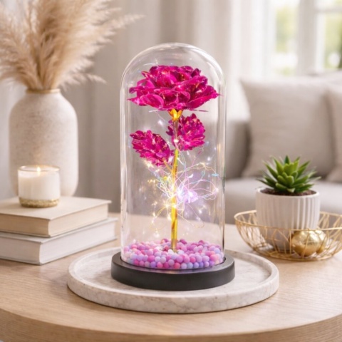 Wieczna róża w szkle świecąca LED w pudełku prezent Walentynki ciemny róż