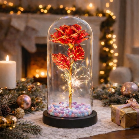 Wieczna róża w szkle świecąca LED w pudełku prezent Walentynki czerwony