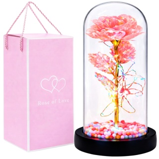 Wieczna róża w szkle świecąca LED w pudełku prezent Walentynki jasny róż
