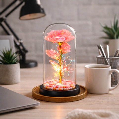 Wieczna róża w szkle świecąca LED w pudełku prezent Walentynki jasny róż