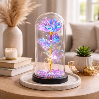 Wieczna róża w szkle świecąca LED w pudełku prezent Walentynki niebieska