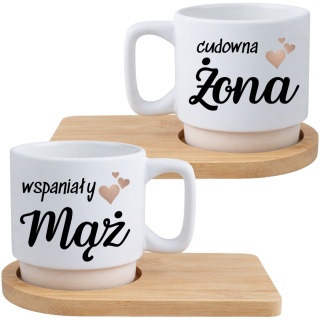 Zestaw 2x filiżanka + podstawki bambusowe Mąż Żona Walentynki Ślub Rocznica