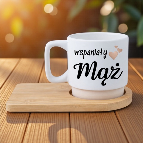 Zestaw 2x filiżanka + podstawki bambusowe Mąż Żona Walentynki Ślub Rocznica