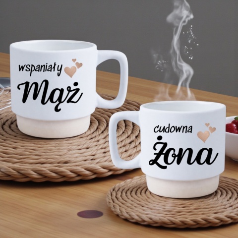 Zestaw 2x filiżanka + podstawki bambusowe Mąż Żona Walentynki Ślub Rocznica