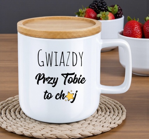 Kubek DUŻY z bambusową podstawką Prezent Dzień Kobiet dla Dziewczyny Żony
