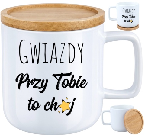 Kubek DUŻY z bambusową podstawką Prezent Dzień Kobiet dla Dziewczyny Żony