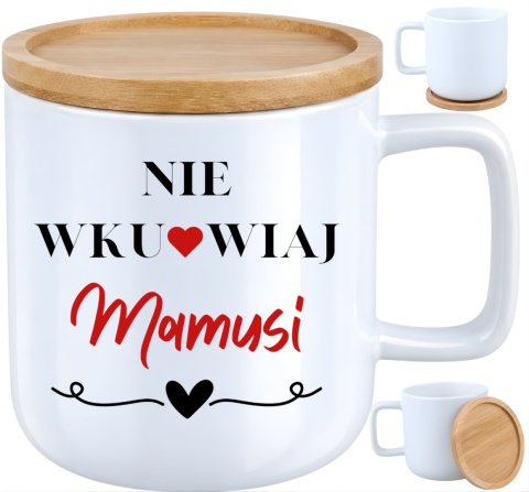 Kubek DUŻY z bambusową podstawką prezent dla MAMY Dzień Matki Mama Teściowa